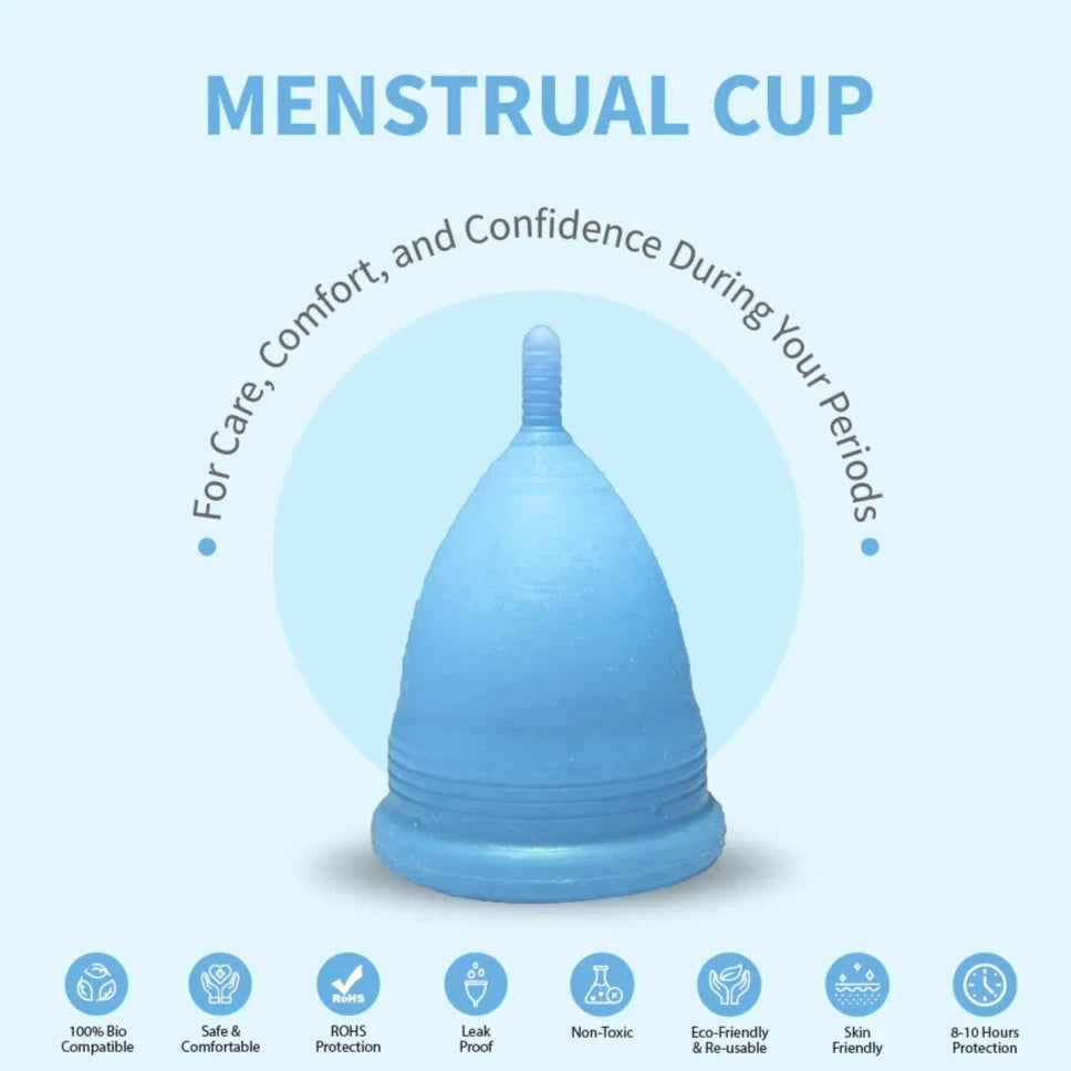 A blue ICARE Menstrual Cup is displayed with icons indicating features such as leak-proof, odour-free, and comfortable.