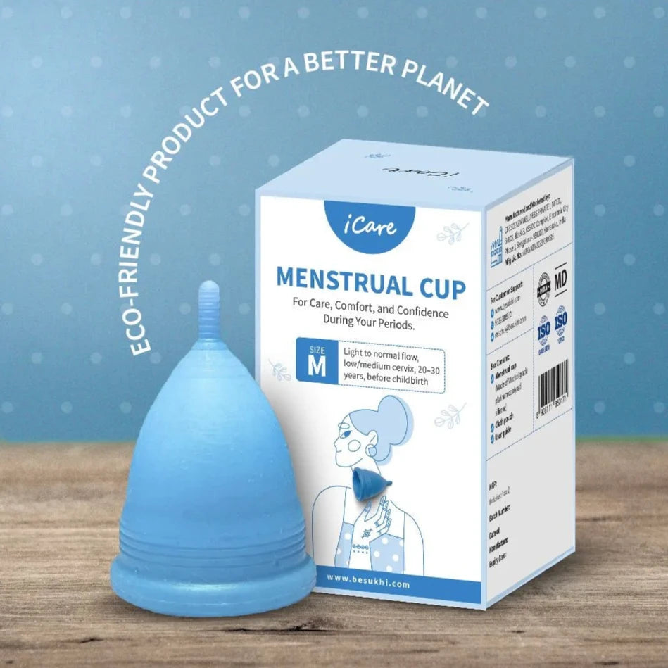 An image showing ICARE menstrual cup in blue colour with packaging box