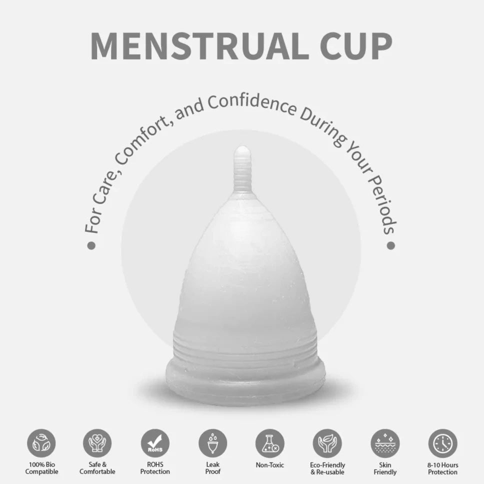 A white ICARE Menstrual Cup is displayed with icons indicating features such as leak-proof, odour-free, and comfortable.