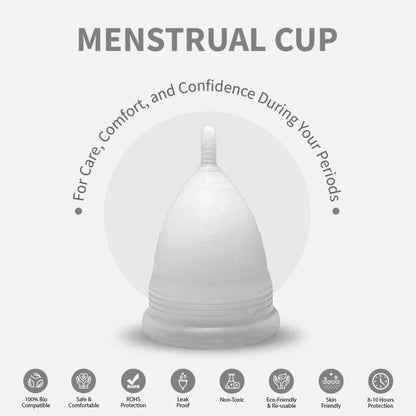 A white ICARE Menstrual Cup is displayed with icons indicating features such as leak-proof, odour-free, and comfortable.