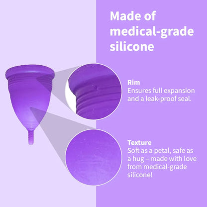 an image showing product features of a purple coloured menstrual cup