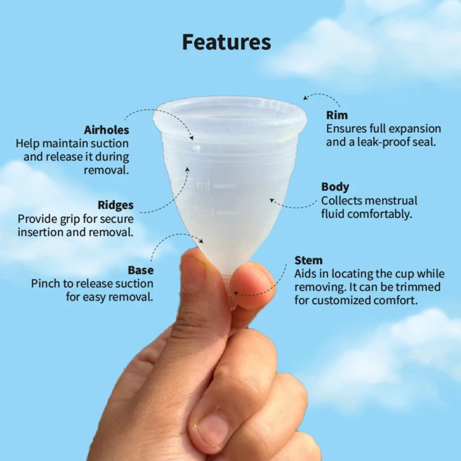 an image showing a clear menstrual cup with product features listed