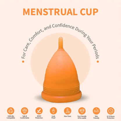 A orange ICARE Menstrual Cup is displayed with icons indicating features such as leak-proof, odour-free, and comfortable.
