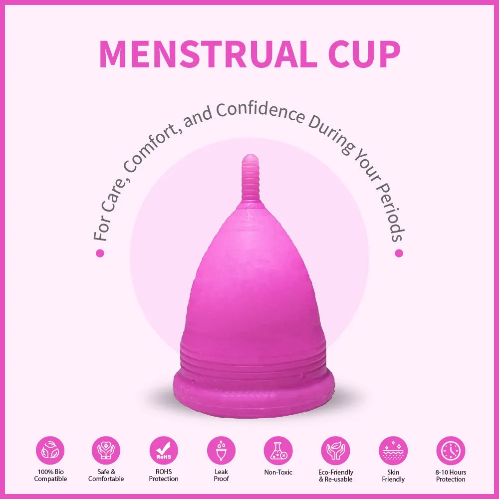Pink menstrual cup with icons and text explaining advantages of using a menstrual cup