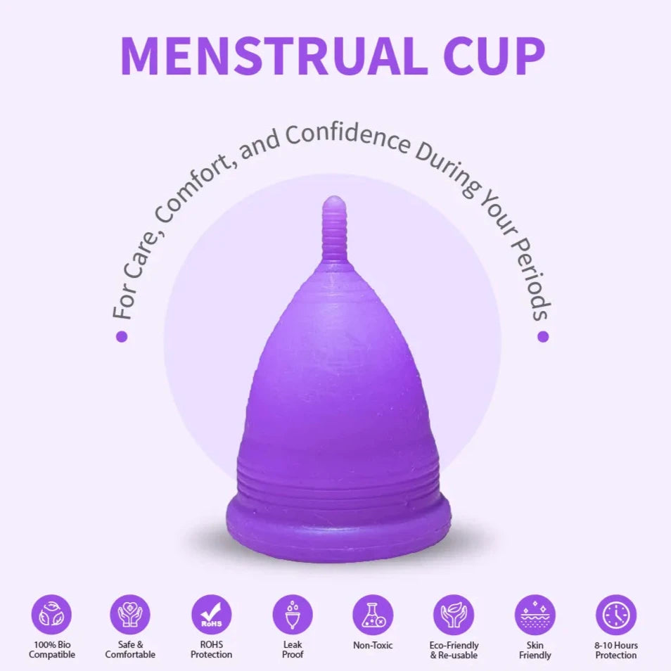 A purple ICARE Menstrual Cup is displayed with icons indicating features such as leak-proof, odour-free, and comfortable.