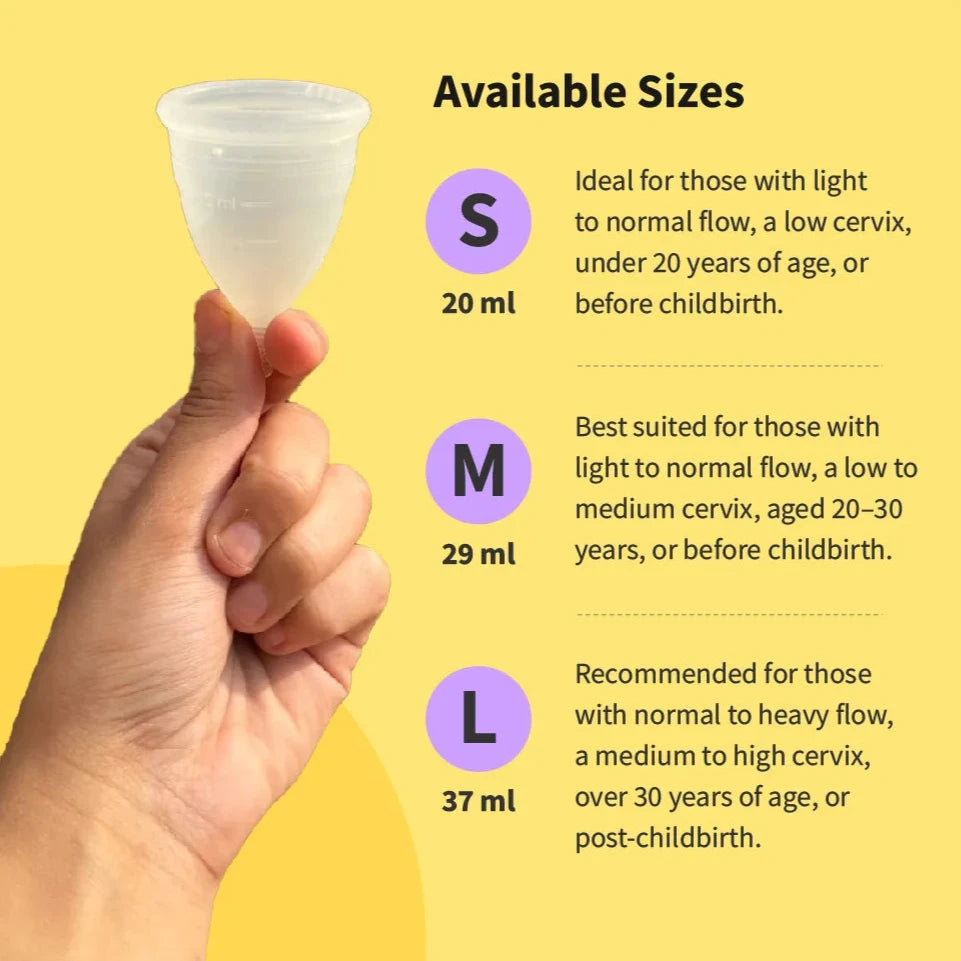 An image showing various sizes of an icare menstrual cup in white color on a yellow background