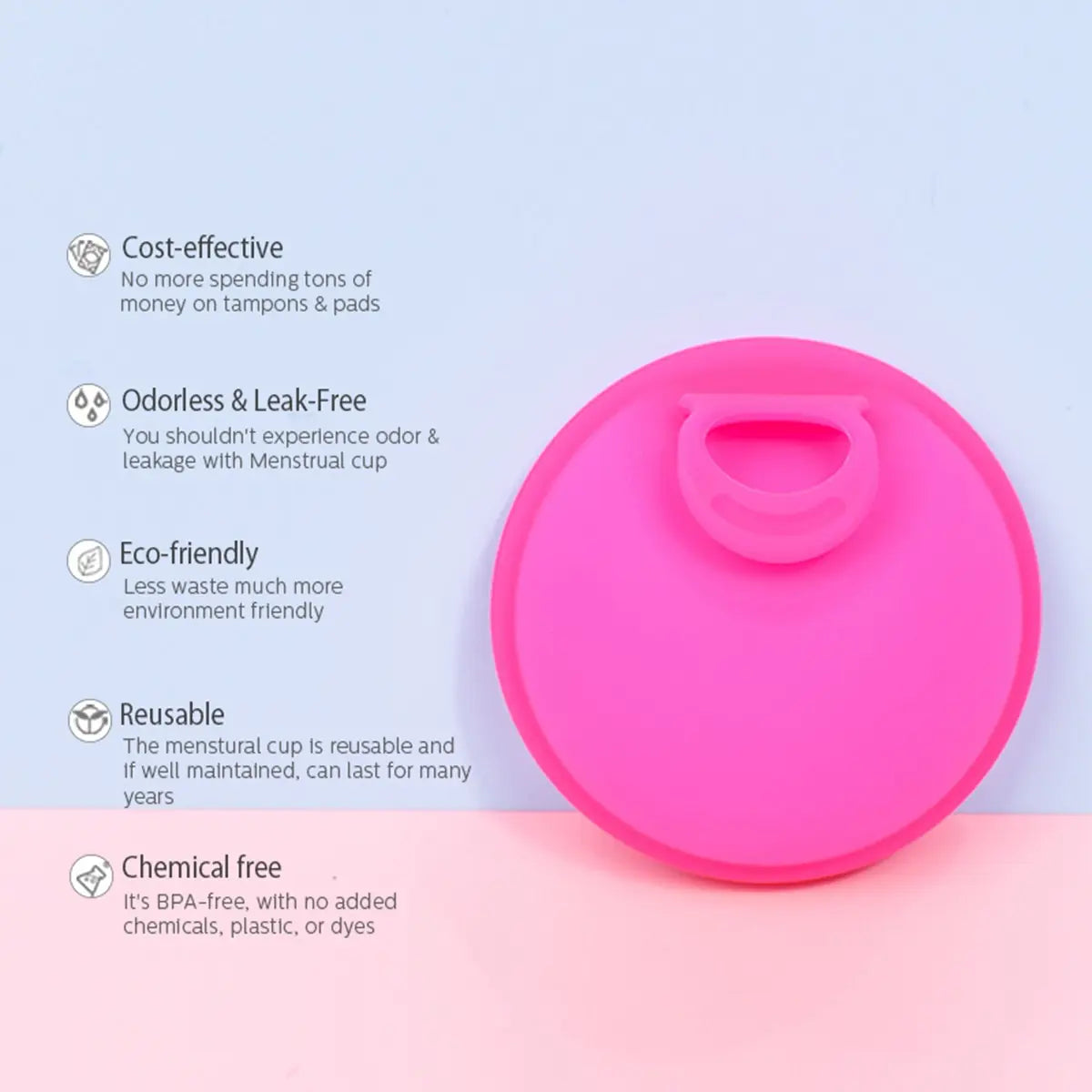 A pink menstrual disc with product advantages listed