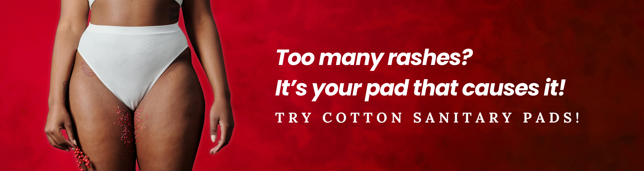 Person wearing a white underwear with text on a red background