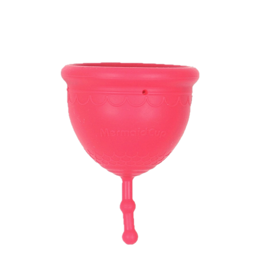A pink menstrual cup made of medical-grade silicone, designed for low cervix, with a pull string for easy insertion.