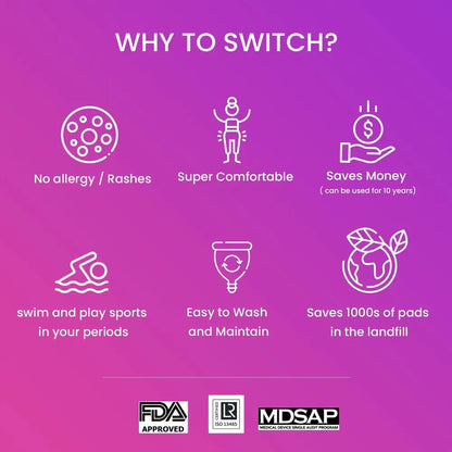 Purple background with white icons and text about reasons to switch to menstrual cups, featuring FDA, ISO, and MDSAP logos.