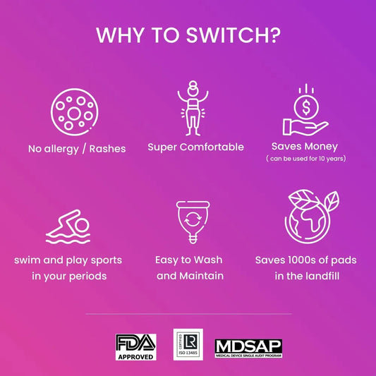 Purple background with white icons and text about reasons to switch to menstrual cups, featuring FDA, ISO, and MDSAP logos.